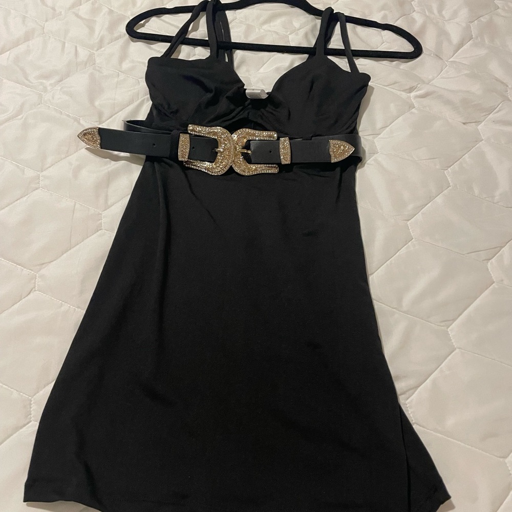 Black buckle dress with cutout